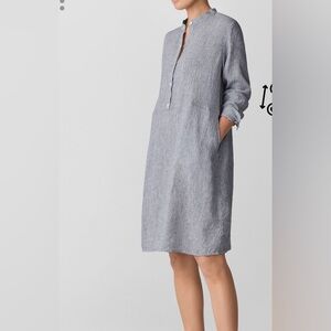 Eileen Fisher | Dresses | 248 Eileen Fisher Puckered Organic Linen Stripe Band  Collar Shirtdress Pp Xxs | Poshmark